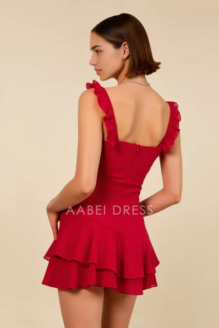 AABEI DRESS For Women Short Prom Dress Chic Sheath V Neck Ruffles Wide Shoulder Straps Tiered Ruffles Cute Mini Dress Hot Sale Homecoming Dress