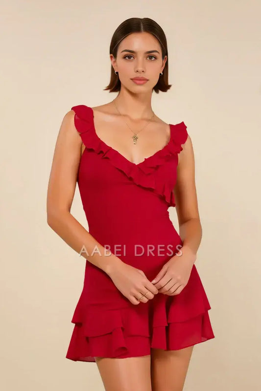 AABEI DRESS For Women Short Prom Dress Chic Sheath V Neck Ruffles Wide Shoulder Straps Tiered Ruffles Cute Mini Dress Hot Sale Homecoming Dress