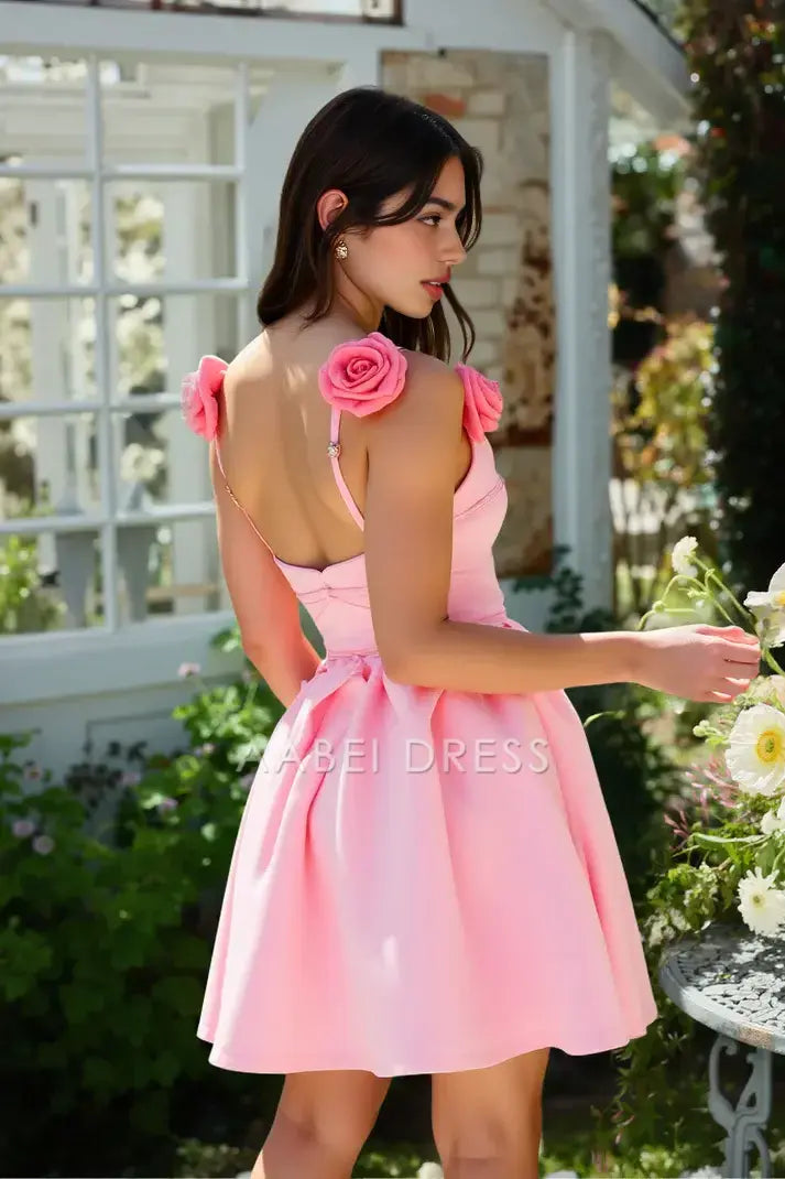 AABEI DRESS For Women Short Prom Dress Cute A-Line 3D Flowers Shoulder Straps Hollow Backless Romantic Hot Sale Homecoming Dress
