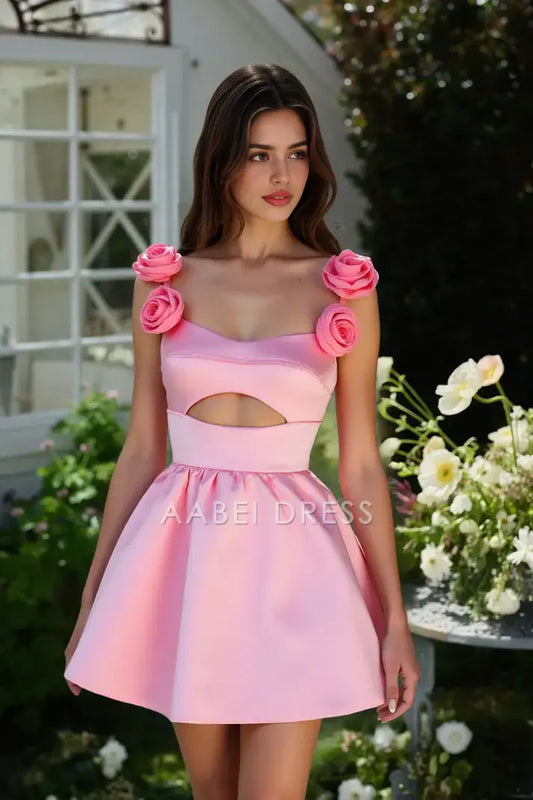 AABEI DRESS For Women Short Prom Dress Cute A-Line 3D Flowers Shoulder Straps Hollow Backless Romantic Hot Sale Homecoming Dress