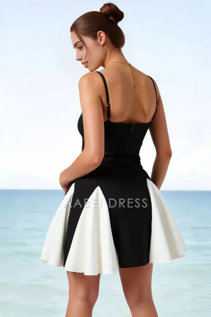 AABEI DRESS For Women Short Prom Dress Elegant Simple Two Tone A-Line Spaghetti Strap V Neck Mini Dress Hot Sale Homecoming Dress