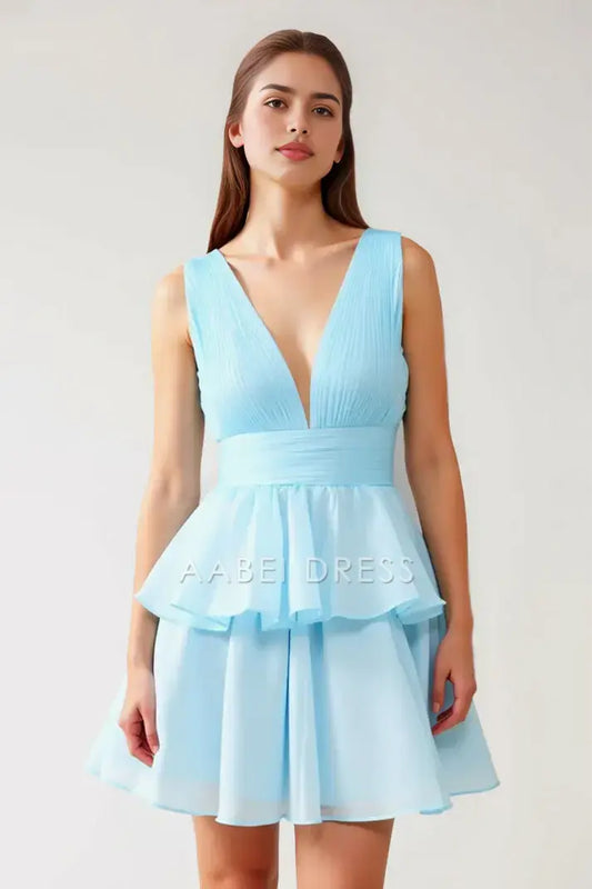 AABEI DRESS For Women Short Prom Dress Exquisite A-Line Deep V Neckline Pleated Wide Shoulder Straps Sleeveless Two-layer Ruched Cute Hot Sale Homecoming Dress