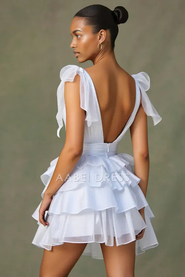 AABEI DRESS For Women Short Prom Dress Exquisite A-Line Plunging Deep V-Neck Bowknot Tiered Ruched Sparkle Hot Sale Homecoming Dress