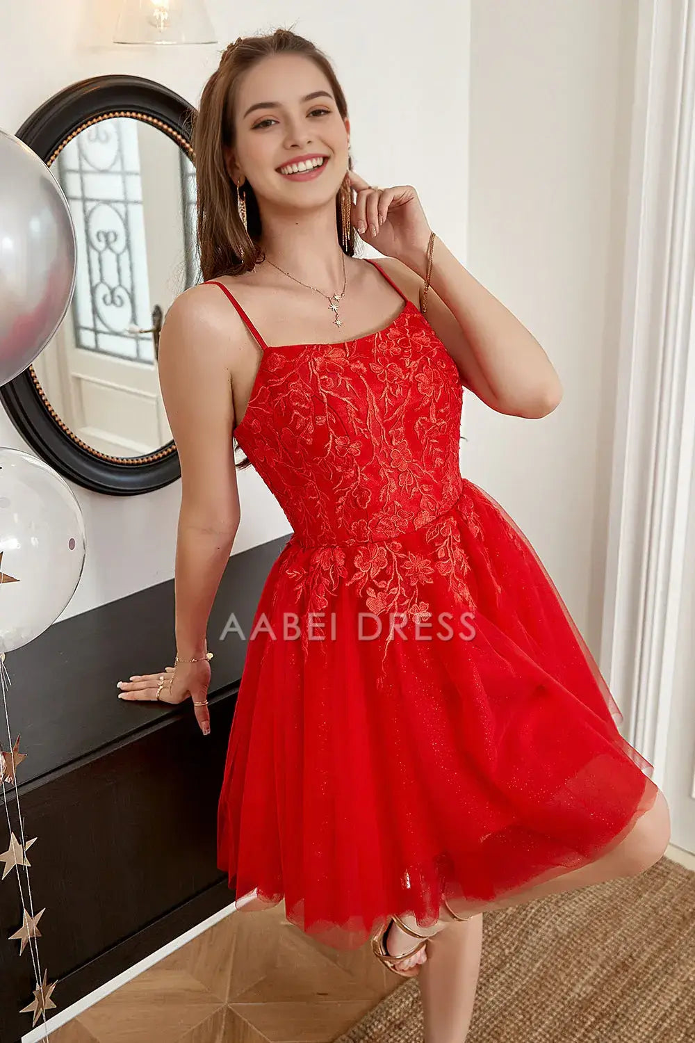 AABEI DRESS For Women Short Prom Dress Exquisite Red A-Line Spaghetti Strap Backless Lace Applique Cute Dress Affordable Hot Sale Homecoming Dress