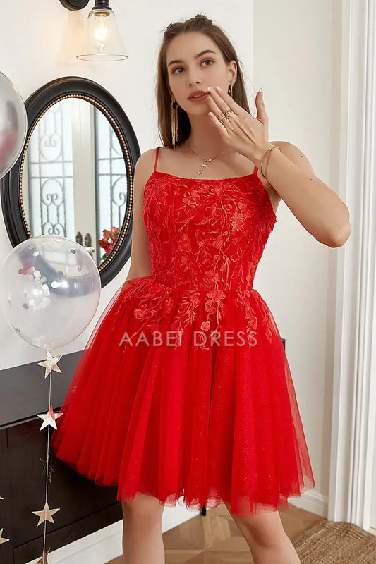 AABEI DRESS For Women Short Prom Dress Exquisite Red A-Line Spaghetti Strap Backless Lace Applique Cute Dress Affordable Hot Sale Homecoming Dress