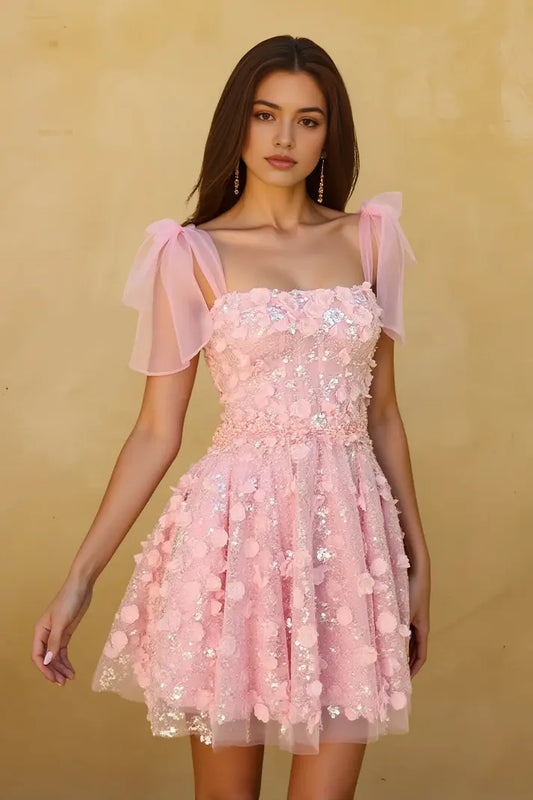 AABEI DRESS For Women Short Prom Dress Gorgeous A-Line Lace up Shoulder Strap Romantic 3D Floral Applique Bowknot Straps Rhinestone Backless Exquisite Hot Sale Homecoming Dress