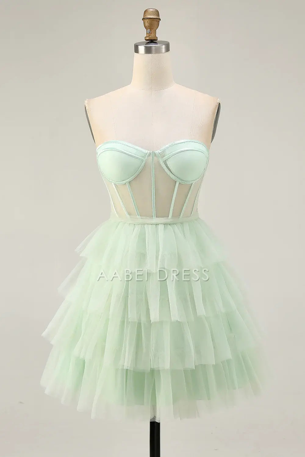 AABEI DRESS For Women Short Prom Dress Light Green A Line Strapless Sweetheart Neckline Backless Layering Ruffles Cute Dress Affordable Hot Sale Homecoming Dress