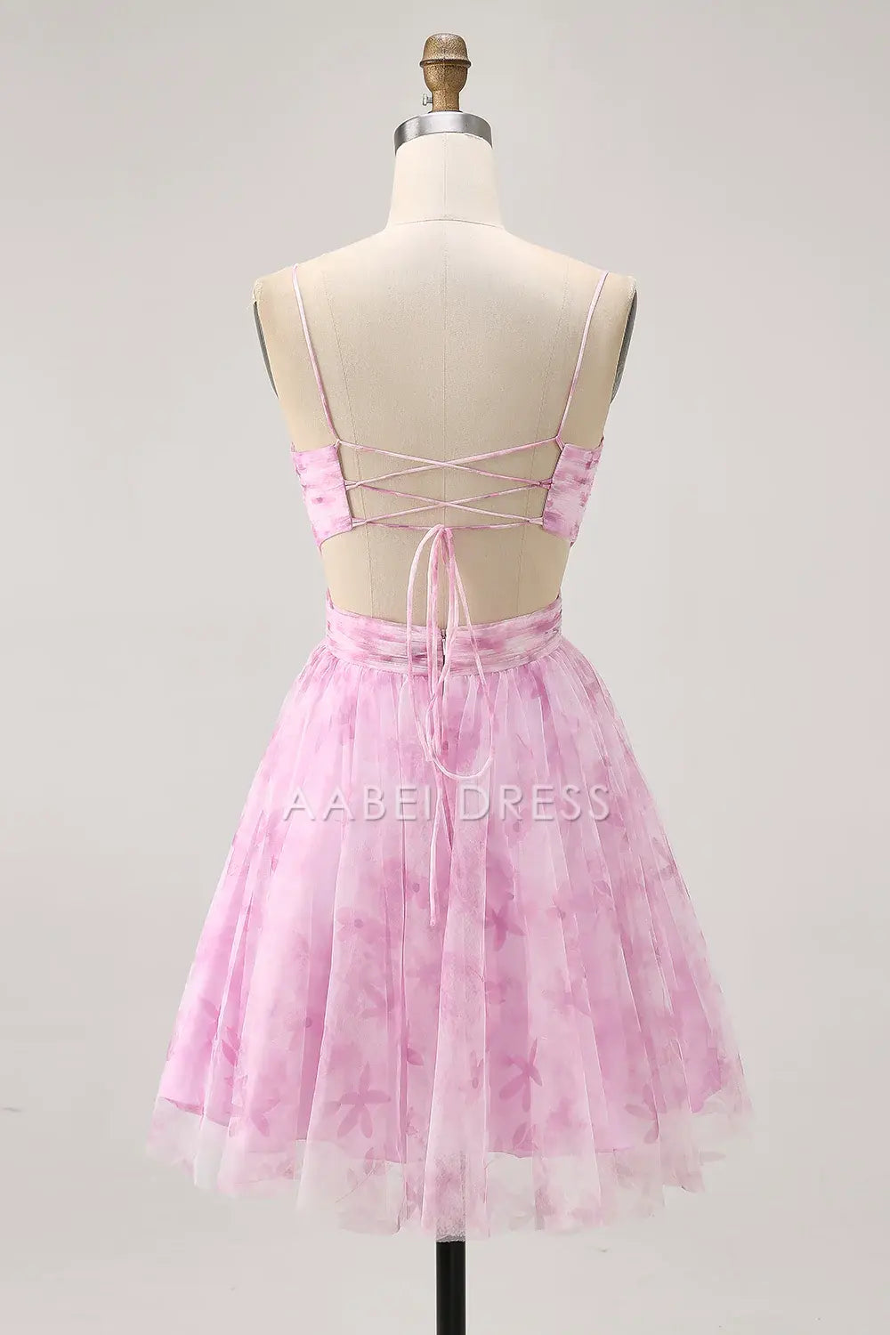 AABEI DRESS For Women Short Prom Dress Pink Printing A Line V Neck Spaghetti Strap Pleated Lace-Up Backless Elegant Dress Affordable Hot Sale Homecoming Dress