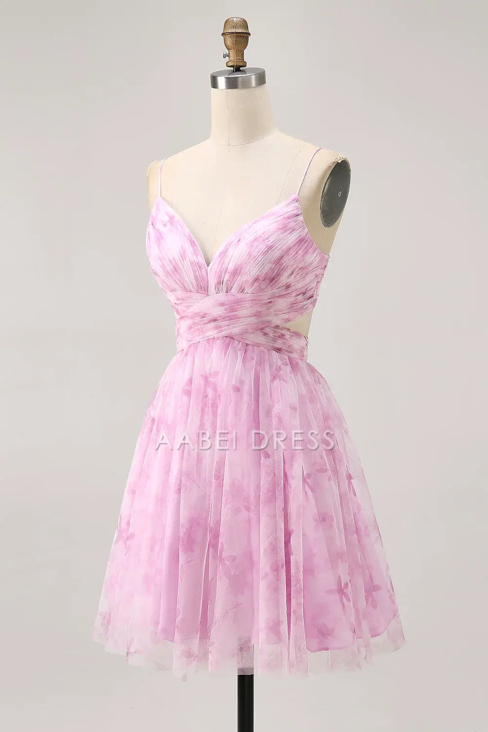 AABEI DRESS For Women Short Prom Dress Pink Printing A Line V Neck Spaghetti Strap Pleated Lace-Up Backless Elegant Dress Affordable Hot Sale Homecoming Dress