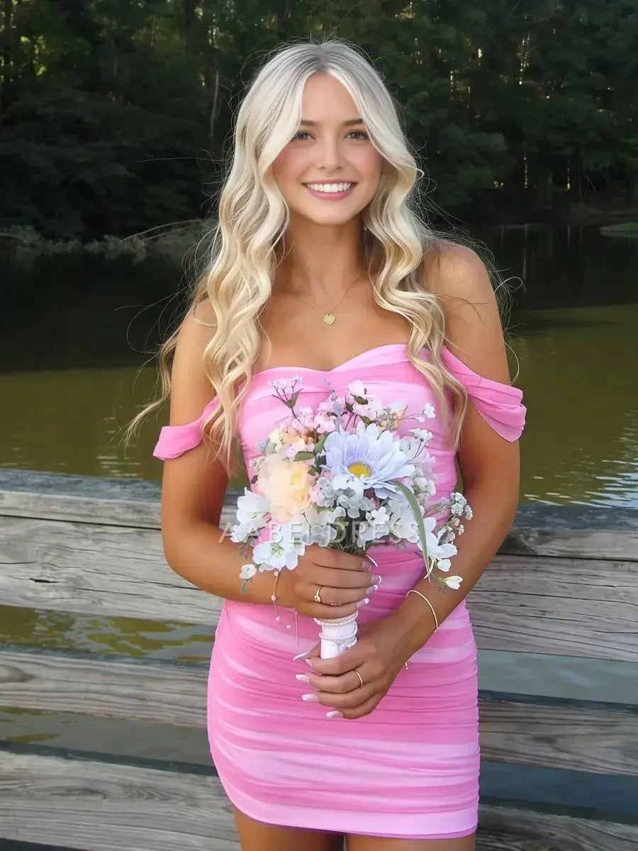 AABEI DRESS For Women Short Prom Dress Pink Sheath Off The Shoulder Sweetheart Neckline Pleated Mini Dress Affordable Hot Sale Homecoming Dress