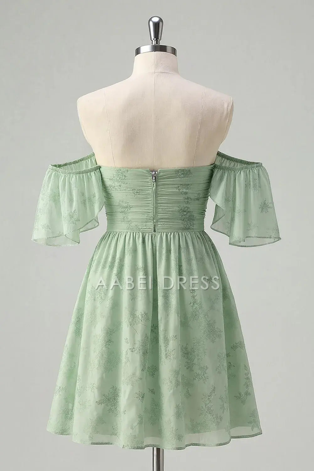 AABEI DRESS For Women Short Prom Dress Printing Chiffon Sage Green A Line V Neck Off The Shoulder Pleated Corset Flutter Short Sleeves Chic Dress Affordable Hot Sale Homecoming Dress