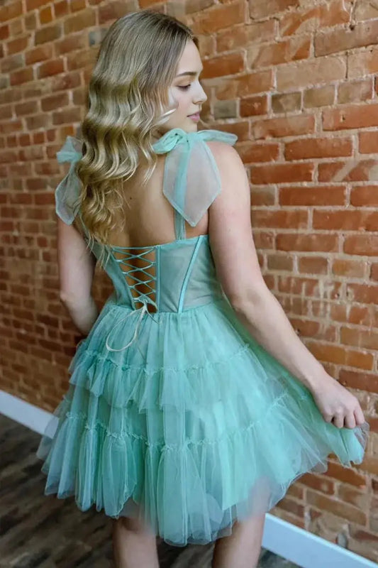 AABEI DRESS For Women Short Prom Dress Sage A Line Sweetheart Tiered Tulle Ruched With Bow Shoulder Straps Cute Dress Affordable Hot Sale Homecoming Dress