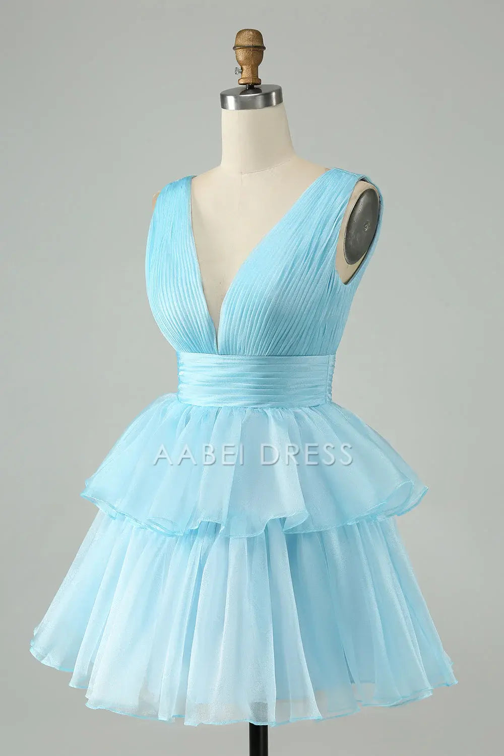 AABEI DRESS For Women Short Prom Dress Sky Blue A Line V Neck Pleated Top Tiered Ruched Backless Cute Dress Affordable Hot Sale Homecoming Dress