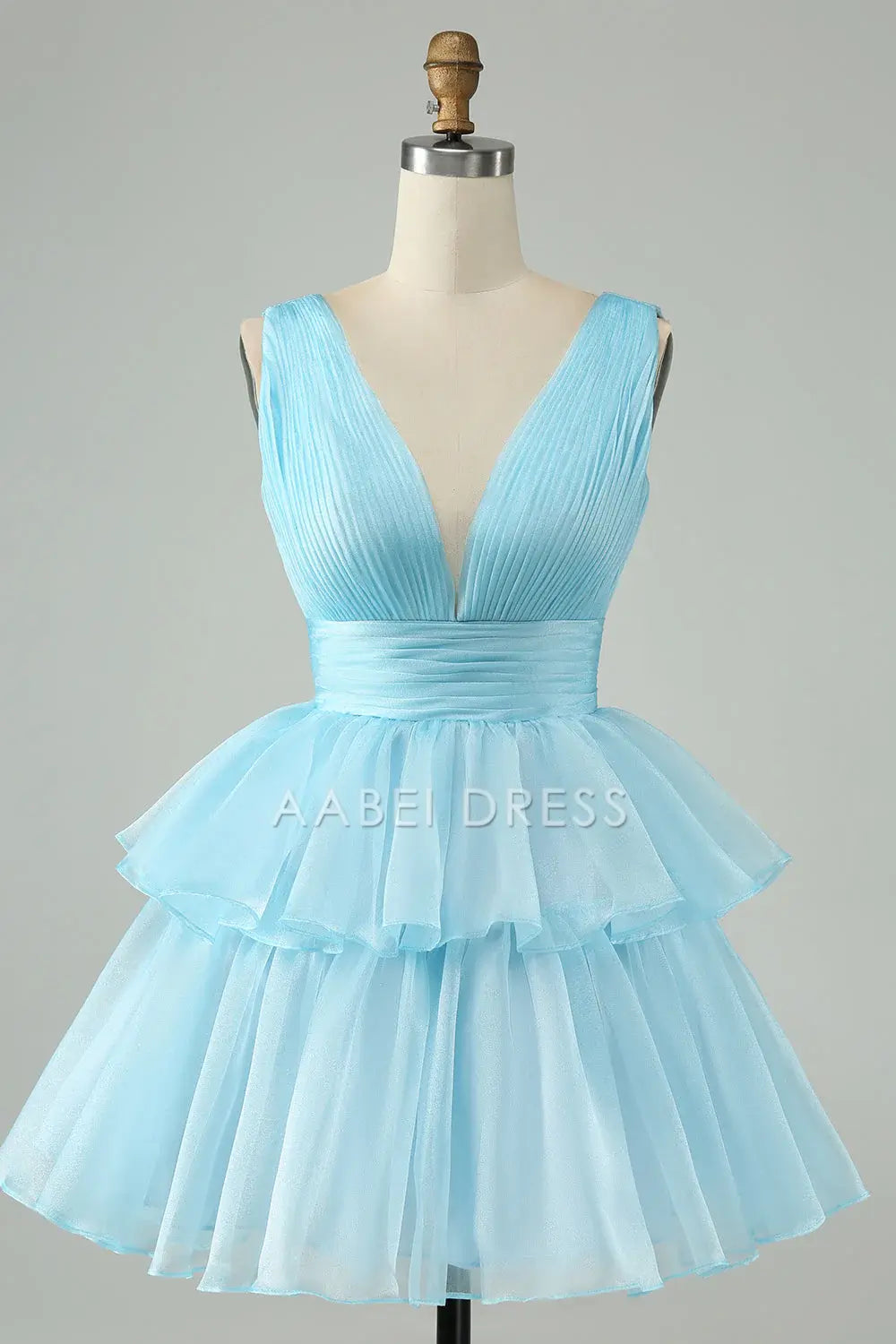 AABEI DRESS For Women Short Prom Dress Sky Blue A Line V Neck Pleated Top Tiered Ruched Backless Cute Dress Affordable Hot Sale Homecoming Dress