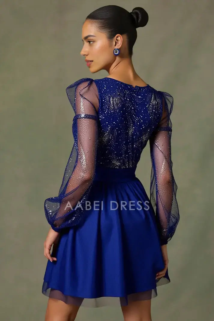AABEI DRESS For Women Short Prom Dress Sparkle A Line V Neck Long Sleeves Sequins Ruched Charming Hot Sale Homecoming Dress