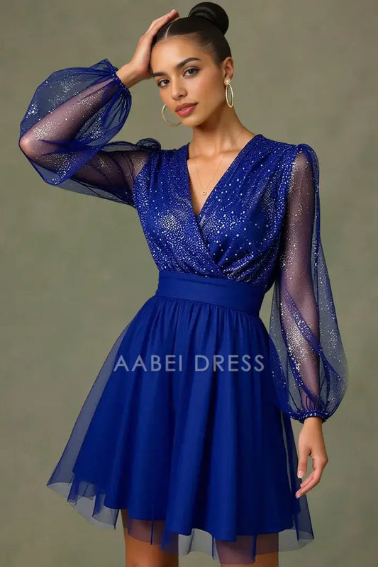 AABEI DRESS For Women Short Prom Dress Sparkle A Line V Neck Long Sleeves Sequins Ruched Charming Hot Sale Homecoming Dress