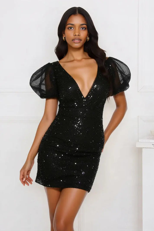AABEI DRESS For Women Short Prom Dress Sparkle Bodycon V Neck Puff Sleeves Backless Sequins Charming Hot Sale Homecoming Dress