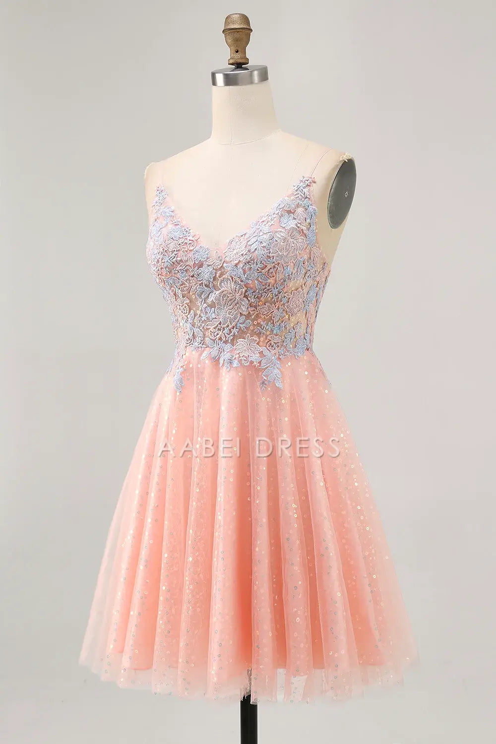 AABEI DRESS For Women Short Prom Dress Sparkly A Line V Neck Spaghetti Strap Backless Lace Appliqued Sequin Elegant Dress Affordable Hot Sale Homecoming Dress