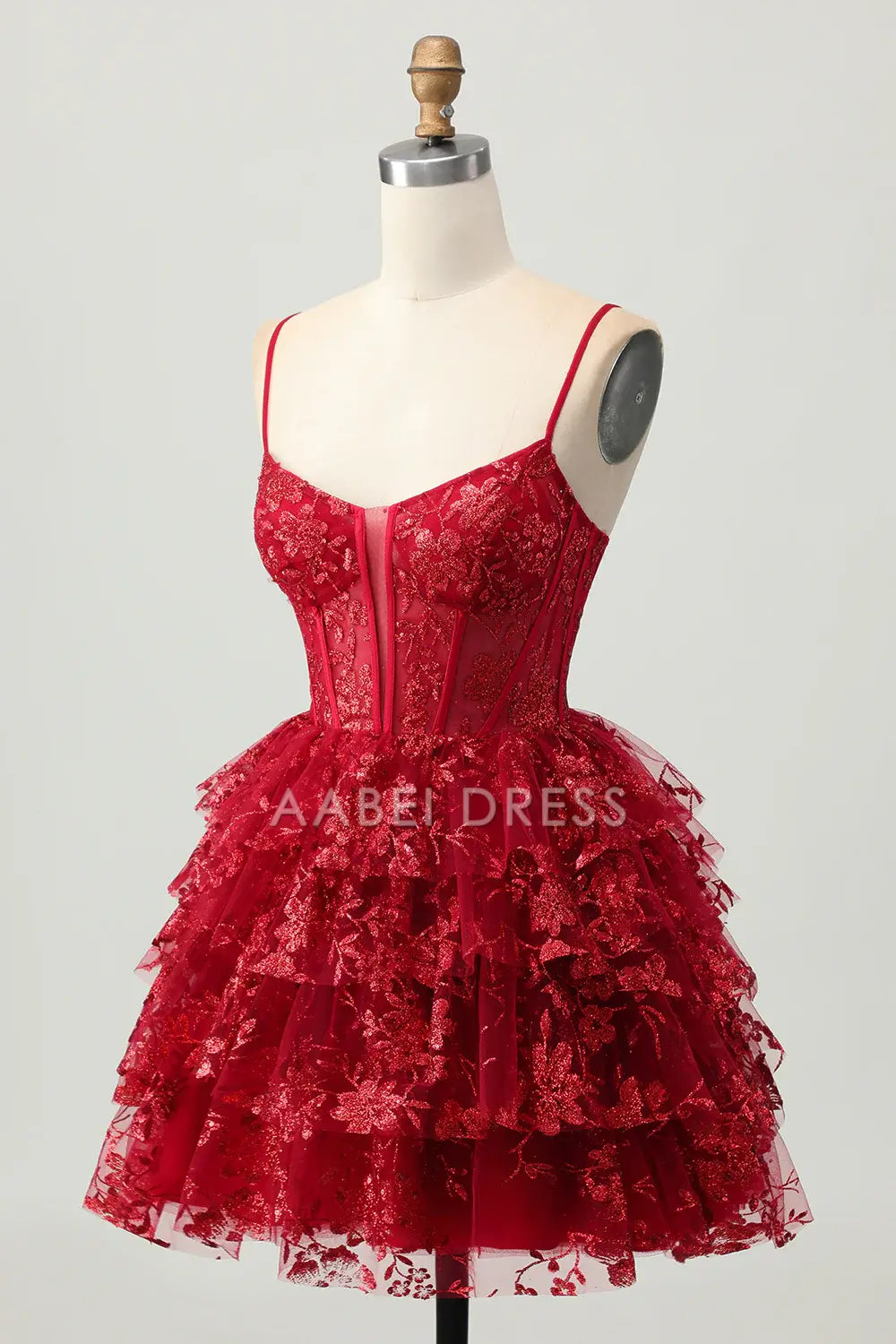 AABEI DRESS For Women Short Prom Dress Sparkly Burgundy A Line Low-Cut Tiered Ruched Lace Applique Backless Exquisite Dress Affordable Hot Sale Homecoming Dress