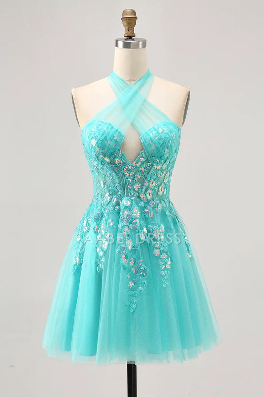 AABEI DRESS For Women Short Prom Dress Sparkly Green Halter Corset Sequin Lace Appliques Cute Dress Affordable Hot Sale Homecoming Dress