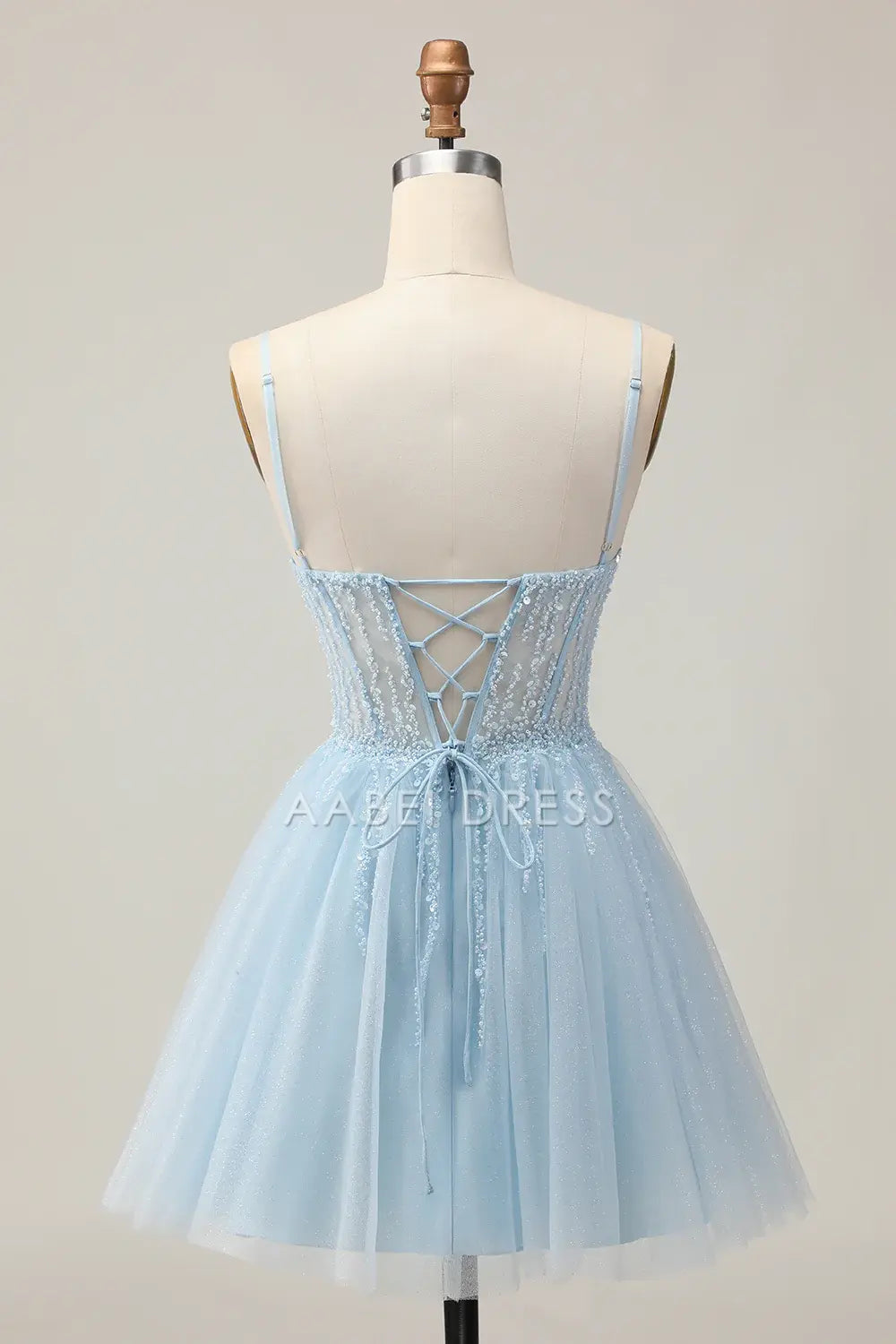 AABEI DRESS For Women Short Prom Dress Sparkly Light Blue A Line V Neck Corset Spaghetti Strap Backless With Beading Exquisite Dress Affordable Hot Sale Homecoming Dress