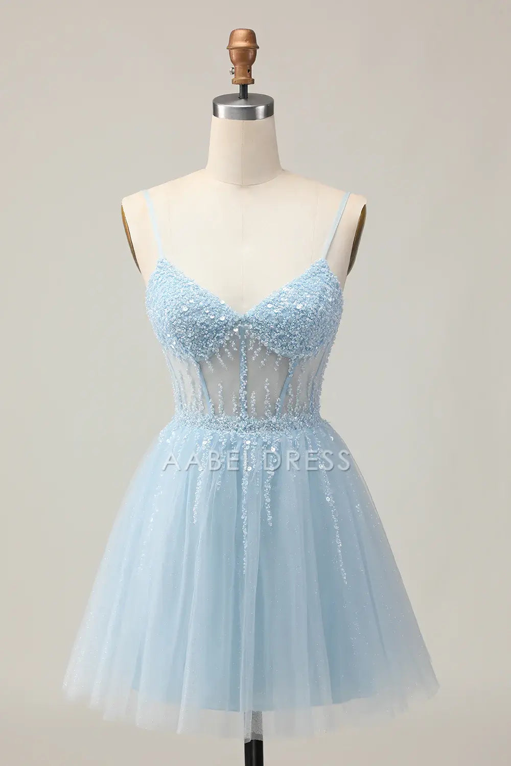 AABEI DRESS For Women Short Prom Dress Sparkly Light Blue A Line V Neck Corset Spaghetti Strap Backless With Beading Exquisite Dress Affordable Hot Sale Homecoming Dress