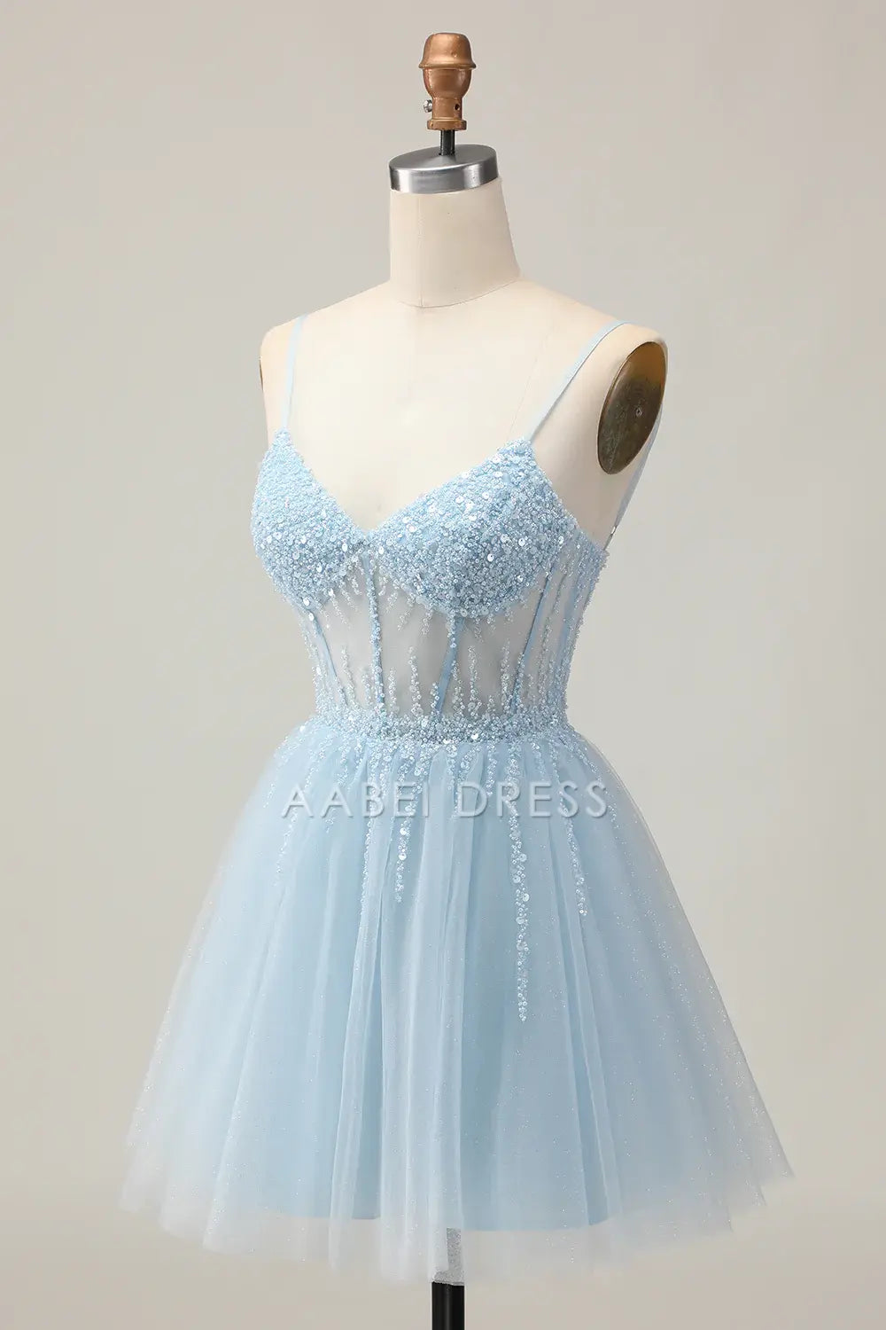 AABEI DRESS For Women Short Prom Dress Sparkly Light Blue A Line V Neck Corset Spaghetti Strap Backless With Beading Exquisite Dress Affordable Hot Sale Homecoming Dress