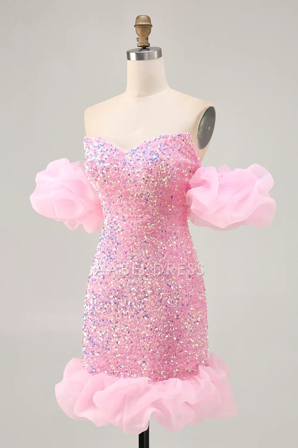 AABEI DRESS For Women Short Prom Dress Sparkly Pink Sheath Strapless Sweetheart Neckline Puff Sleeves Sequins Chic Dress Affordable Hot Sale Homecoming Dress