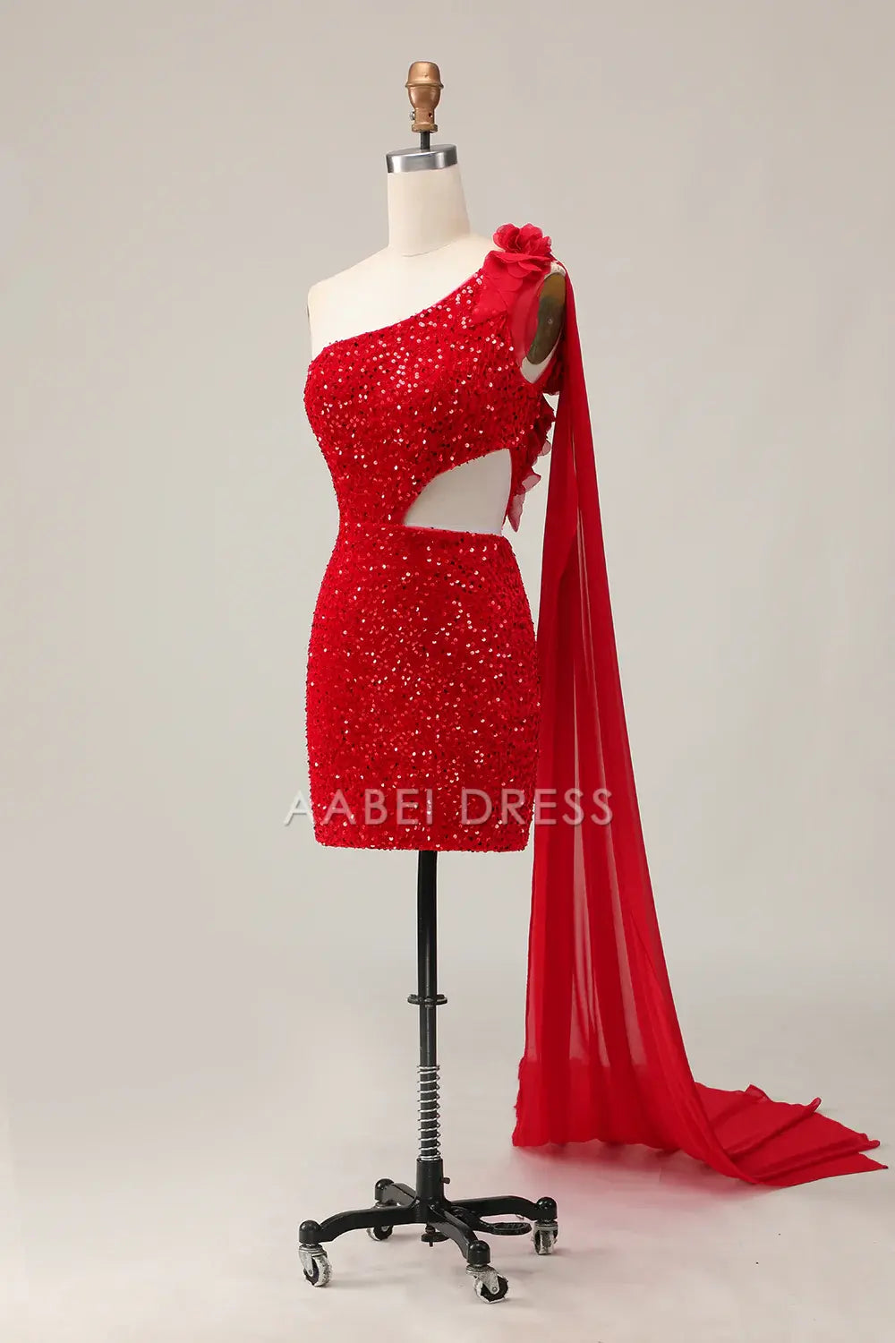 AABEI DRESS For Women Short Prom Dress Sparkly Red Sheath One Shoulder Hollow Out 3D Flowers Backless With Ribbon Dress Affordable Hot Sale Homecoming Dress