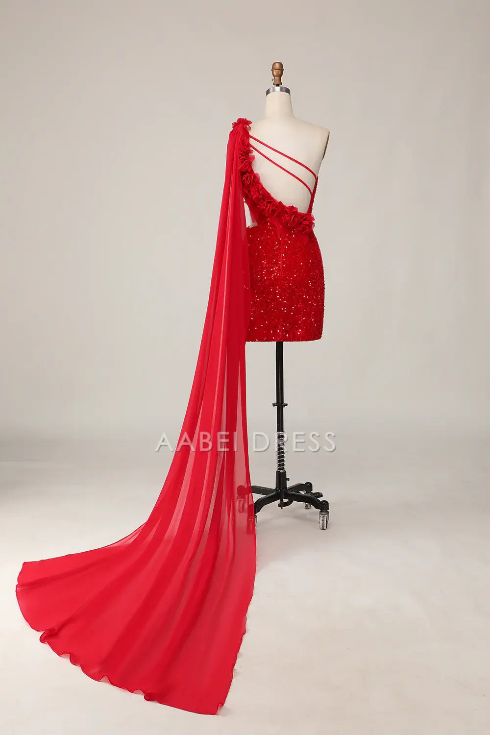AABEI DRESS For Women Short Prom Dress Sparkly Red Sheath One Shoulder Hollow Out 3D Flowers Backless With Ribbon Dress Affordable Hot Sale Homecoming Dress