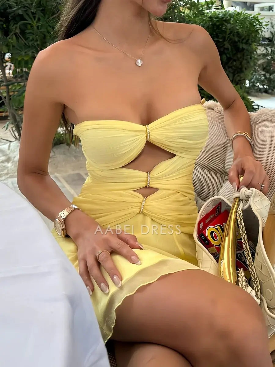 AABEI DRESS For Women Short Prom Dress Yellow A Line Strapless Pleated Hollow Out With Beading Fashion Affordable Hot Sale Homecoming Dress