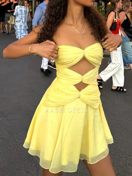 AABEI DRESS For Women Short Prom Dress Yellow A Line Strapless Pleated Hollow Out With Beading Fashion Affordable Hot Sale Homecoming Dress