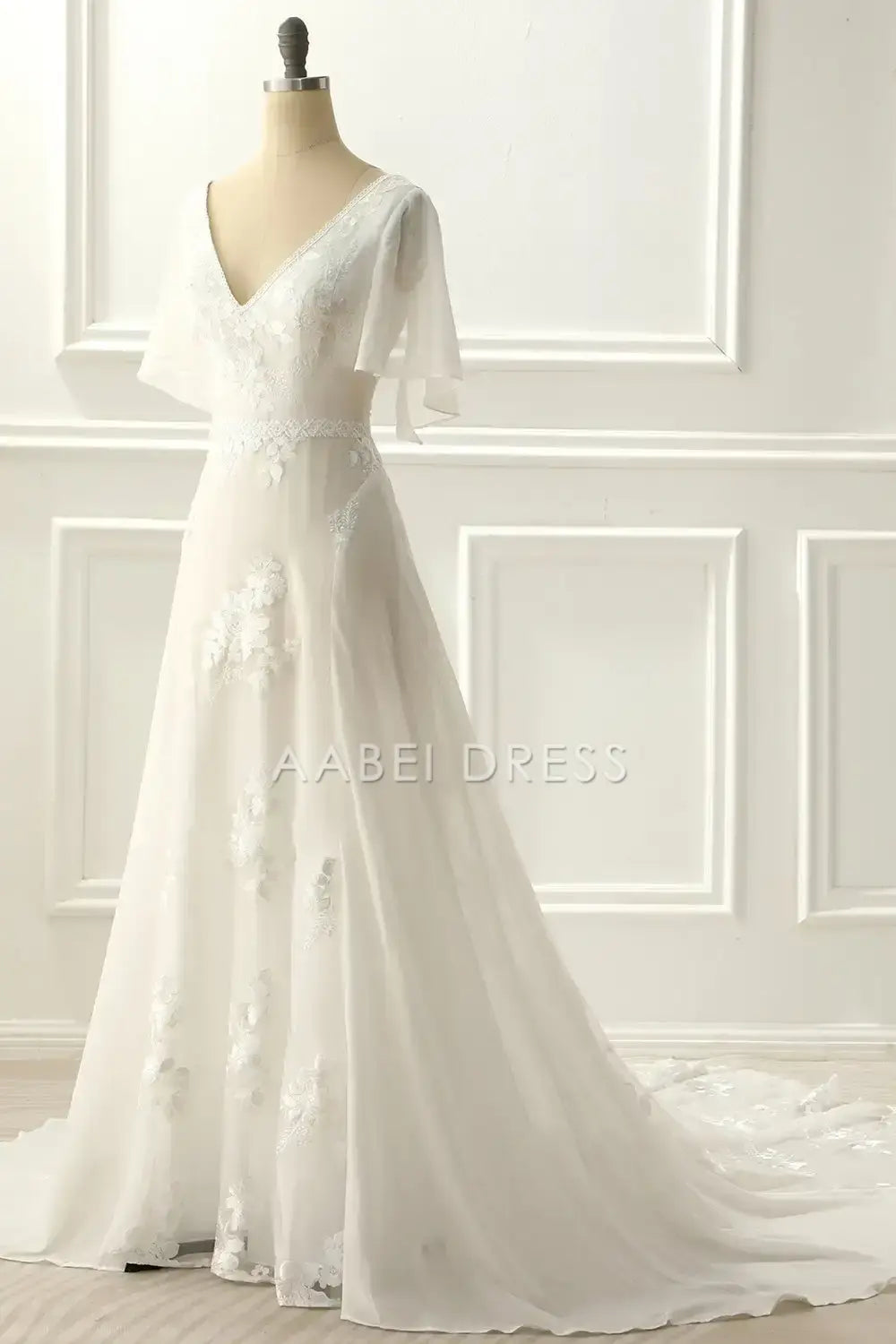 AABEI DRESS Formal Wear Dresses A-Line V Neck flowing Sleeves Lace Appliques Sweep Train Elegant Wedding Dress