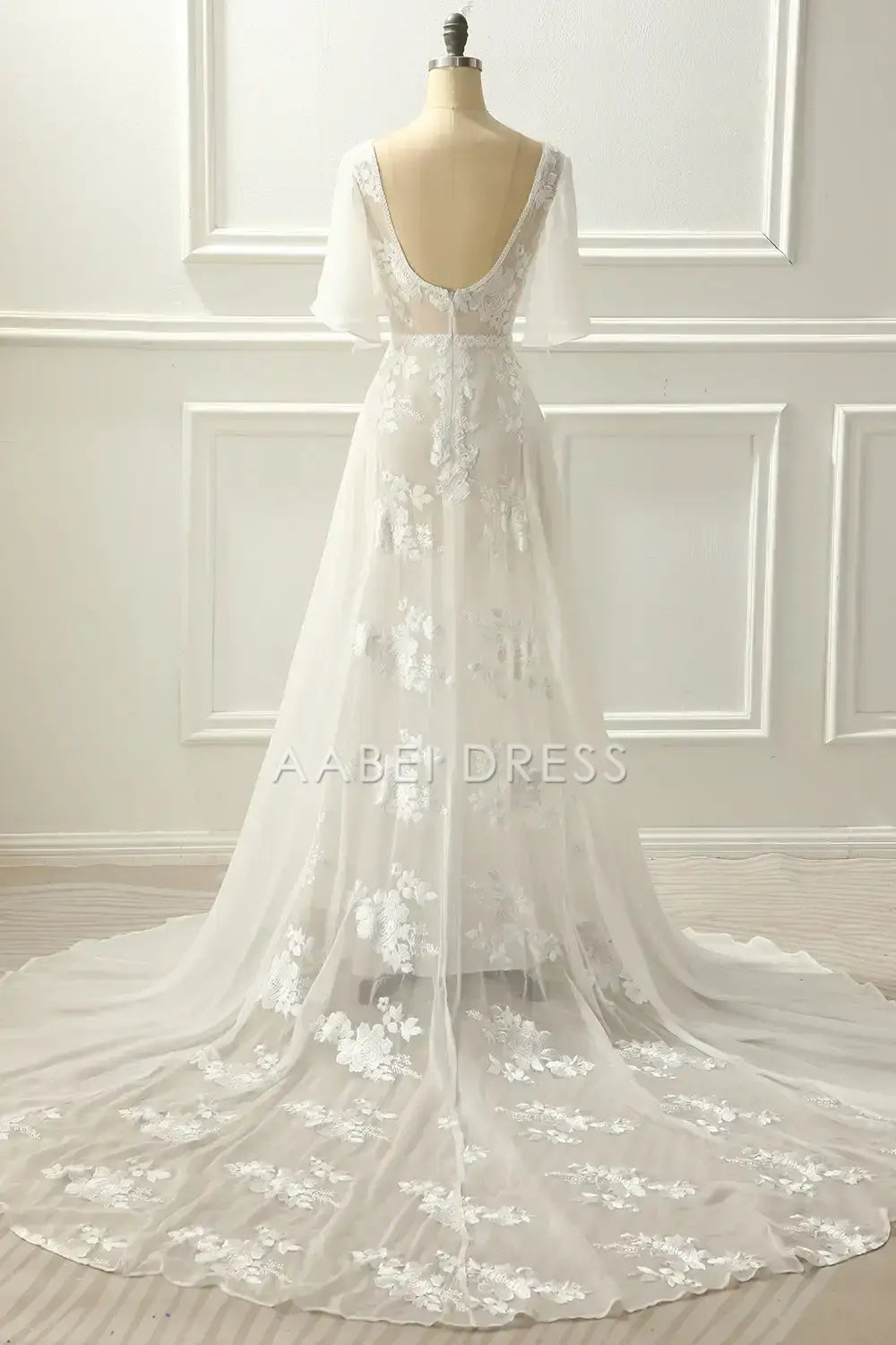 AABEI DRESS Formal Wear Dresses A-Line V Neck flowing Sleeves Lace Appliques Sweep Train Elegant Wedding Dress