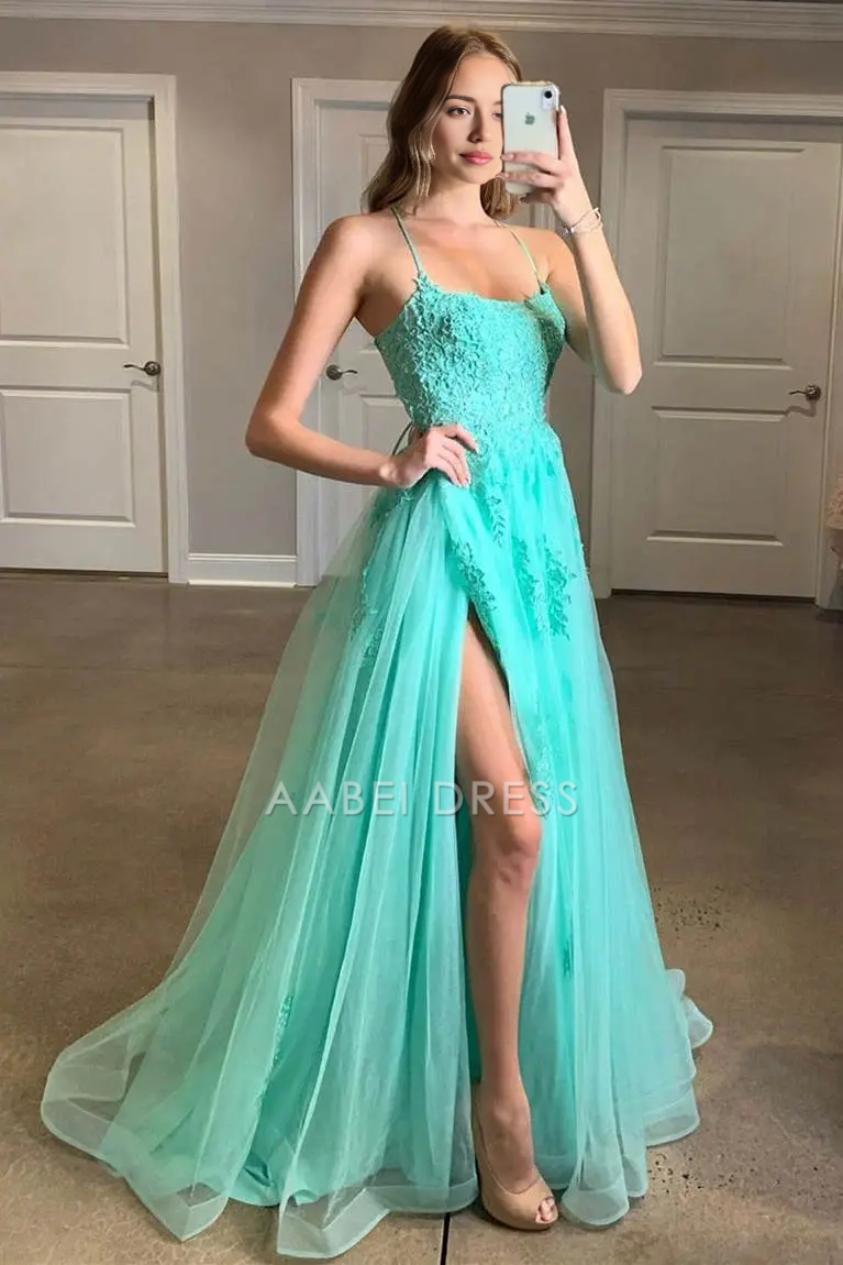 AABEI DRESS Formal Wear Dresses A Line Spaghetti Strap Backless Lace Appliqued Slit Exquisite Hot Sale Prom Dress
