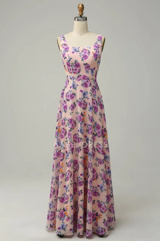 AABEI DRESS Formal Wear Dresses A Line Square Neck Sleeveless Retro Floral Printing With Open Back Long Dress Hot Sale Prom Dress