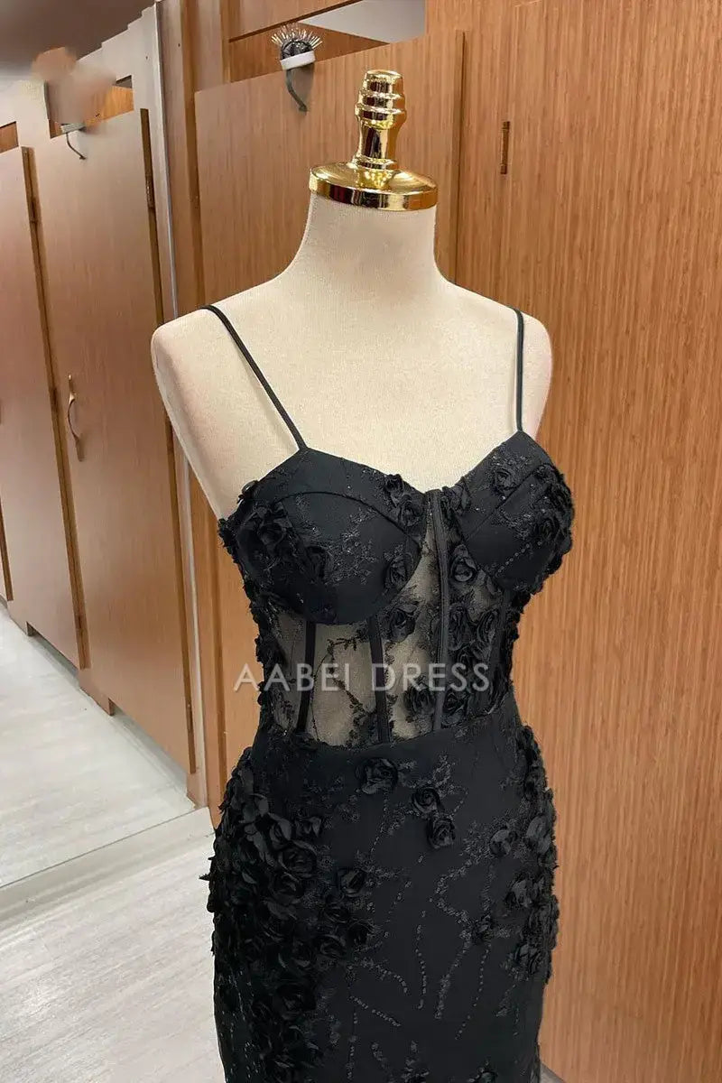 AABEI DRESS Formal Wear Dresses Black Mermaid Spaghetti Strap Sweetheart 3D Flower Appliques Exquisite Long Hot Sale Prom Dress