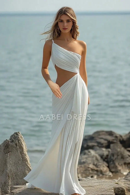 AABEI DRESS Formal Wear Dresses Charming Sheath One Shoulder Cut-Out Pleated Dinner Dress Long Special Wedding Dress