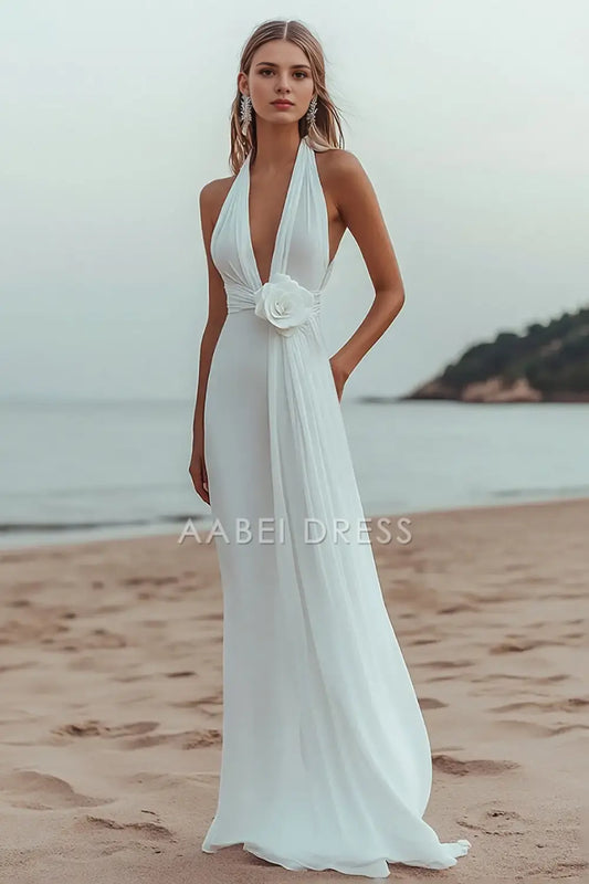 AABEI DRESS Formal Wear Dresses Fashion A Line Deep V-Neck flower Pleated Dinner Dress Sexy Long Wedding Dress
