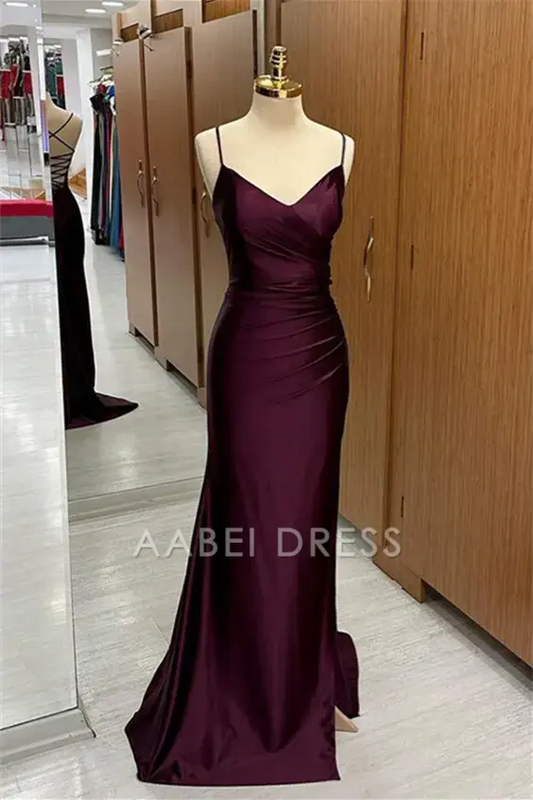 AABEI DRESS Formal Wear Dresses Mermaid V Neck Spaghetti Strap Backless Lace-Up Back Pleated with Silt Elegant Long Hot Sale Prom Dress