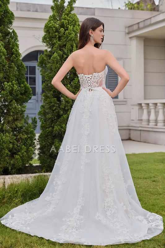 AABEI DRESS Formal Wear Dresses Princess A-Line Corset Strapless Backless Lace Up Tulle Lace Appliques Exquisite Wedding Dress