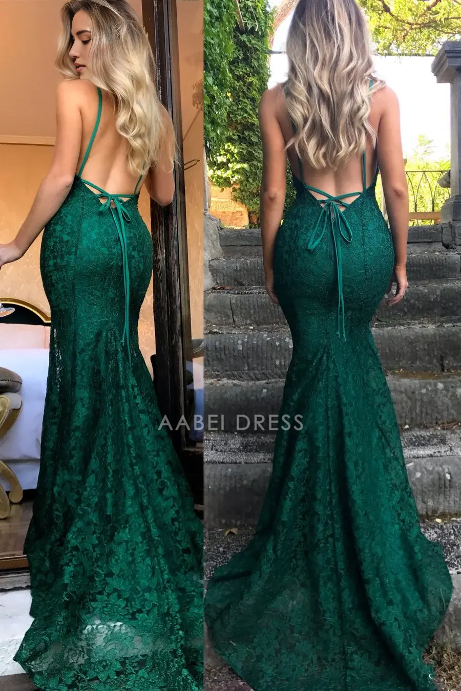 AABEI DRESS Formal Wear Dresses Sexy Mermaid Spaghetti Strap Deep V Neck Backless Lace Charming Long Evening Dress Hot Sale Prom Dress