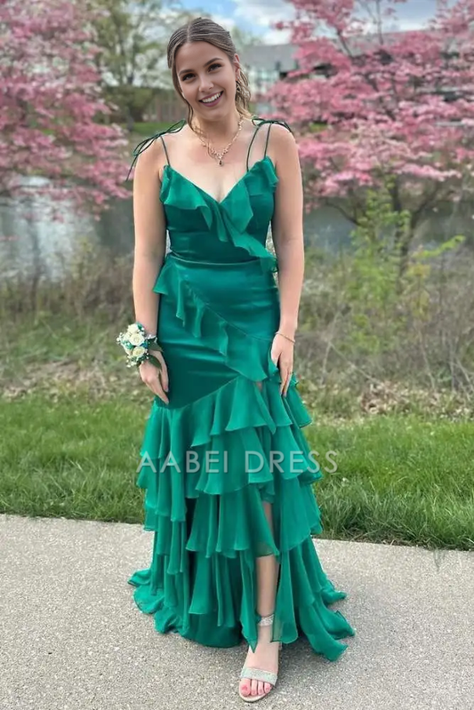 AABEI DRESS Formal Wear Dresses Sheath V-Neck Spaghetti Strap Backless Layering Ruffle with Slit Fashion Hot Sale Prom Dress