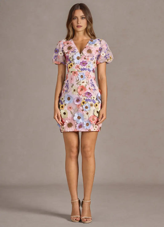 AABEI DRESS Formal Wear Dresses Short Prom Dress Sheath V Neck puff sleeves 3D Floral Hot Sale Exquisite Homecoming Dress