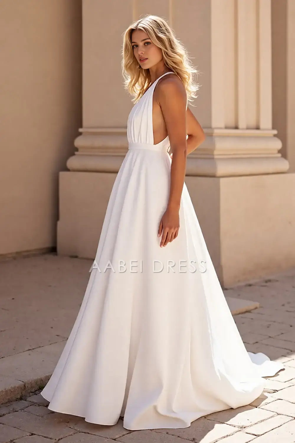 AABEI DRESS Formal Wear Dresses Simple A Line Halter Deep V Neck Sleeveless Sweep Train Elegant Wedding Dress