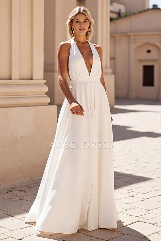 AABEI DRESS Formal Wear Dresses Simple A Line Halter Deep V Neck Sleeveless Sweep Train Elegant Wedding Dress