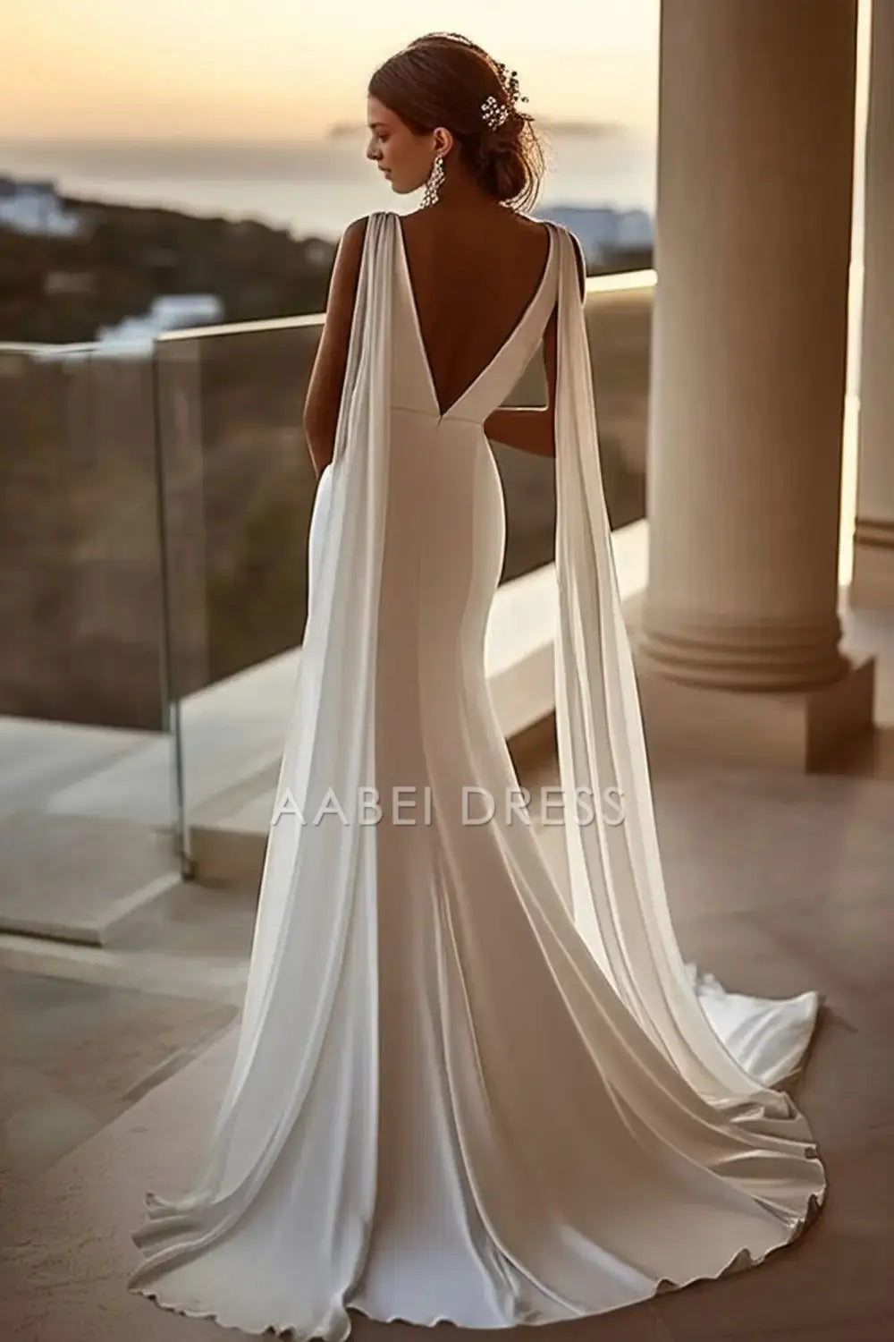 AABEI DRESS Formal Wear Dresses Simple Mermaid Sexy Deep V Neck Ribbon Sweep Train Charming Wedding Dress