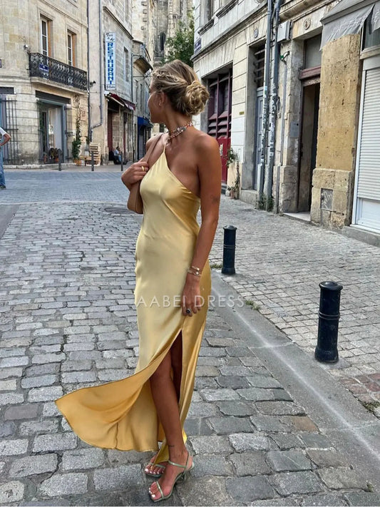 AABEI DRESS Formal Wear Dresses Simple Sheath/Column One-Shoulder Spaghetti Strap Open Back Slit Sexy Long Dress Hot Sale Prom Dress