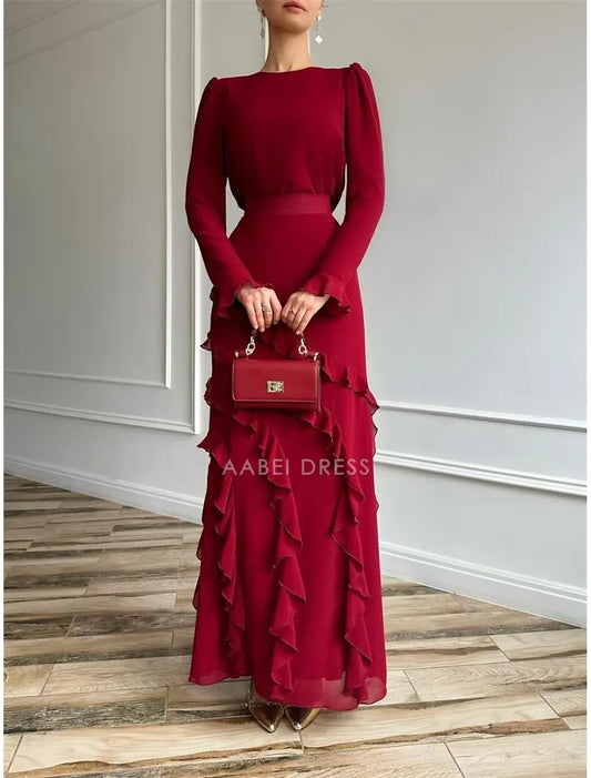 AABEI DRESS Formal Women's Dresses A-Line Long Sleeve Crew Neck Elegant Dress Floor Length with Tiers Ruffles Fashion Prom Dress