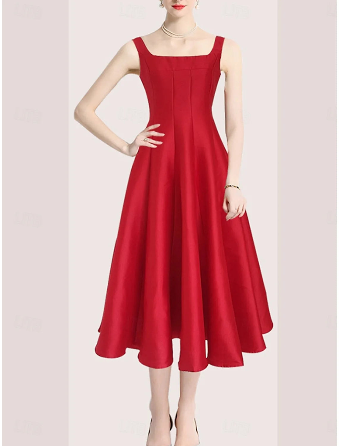 AABEI DRESS Formal Women's Dresses A-Line Sleeveless Scoop Neck with Pleats Tea Length Vintage Red Prom Dress